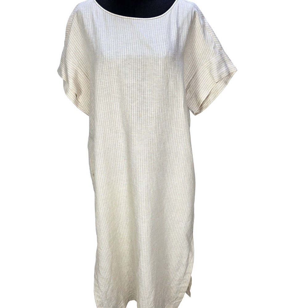 Women's Lafayette 148 L Beige 100% Linen Pinstripe Shift Dress Boat Neck